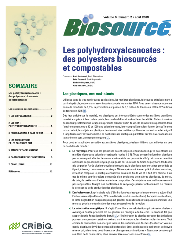 Biosourcé – Volume 6, numéro 2 – Août 2018 – Les polyhydroxyalcanoates : des polyesters biosourcés et compostables