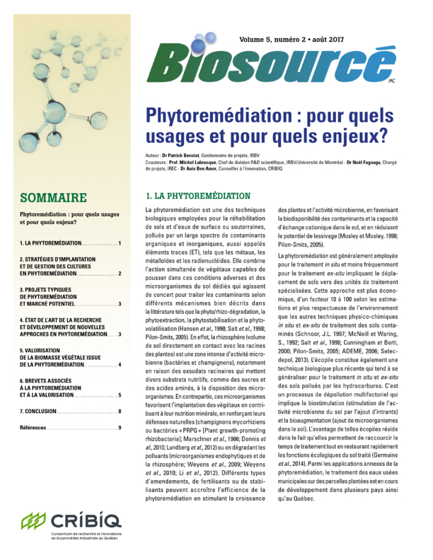 Biosourcé - Volume 5, numéro 2 - Août 2017 - Phytoremédiation : pour quels usages et pour quels enjeux?