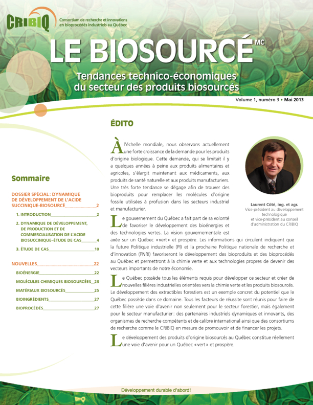 Biosourcé – Volume 1, Issue 3 – May 2013 – Technical and Economic Trends in the Bio-Based Products Sector