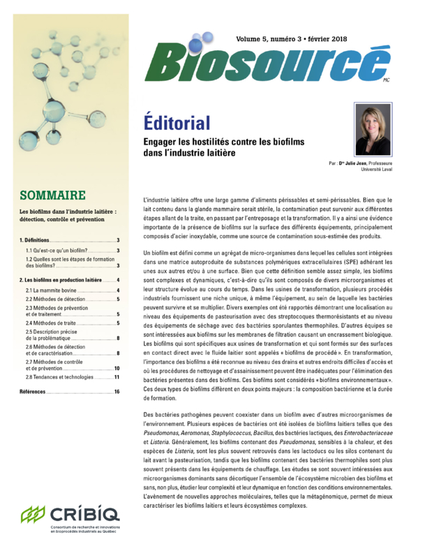 Biosourcé - Volume 5, numéro 3 - Février 2018 - Les biofilms dans l'industrie laitière : détection, contrôle et prévention