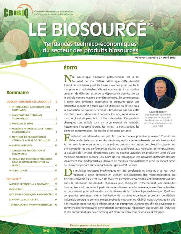 Biosourcé – Volume 1, numéro 2 – Avril 2013 – Tendances technico-économiques du secteur des produits biosourcés